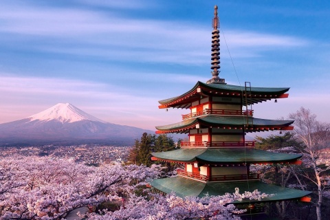 Fondo de pantalla Chureito Pagoda near Mount Fuji 480x320