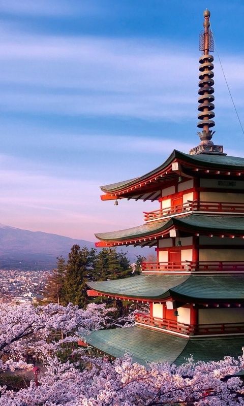 Обои Chureito Pagoda near Mount Fuji 480x800