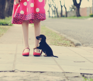 Kostenloses Girl In Polka Dot Dress And Her Puppy Wallpaper für iPad mini