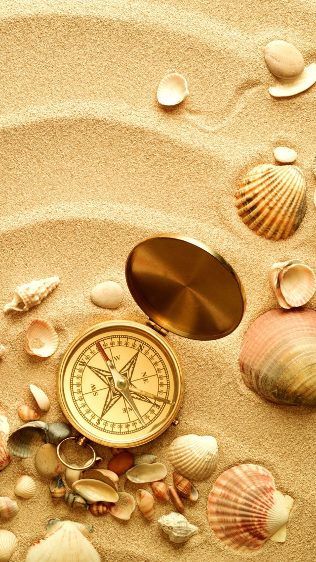 Fondo de pantalla Compass And Shells On Sand 640x1136