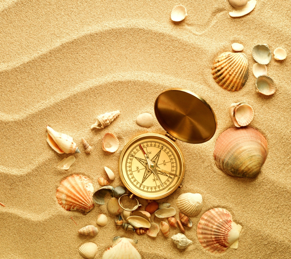 Compass And Shells On Sand wallpaper 960x854
