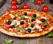 Fondo de pantalla Pizza with tomatoes and olives 176x144