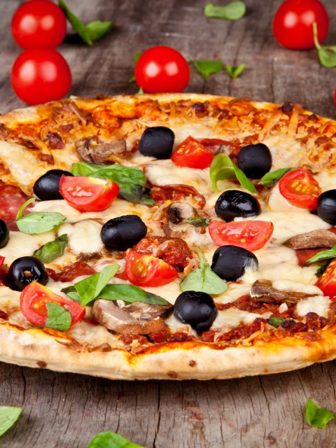 Pizza with tomatoes and olives wallpaper 480x640