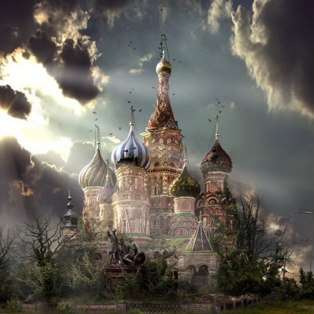 Обои St Basil's Cathedral Moscow Red Square Artistic Clouds 1024x1024