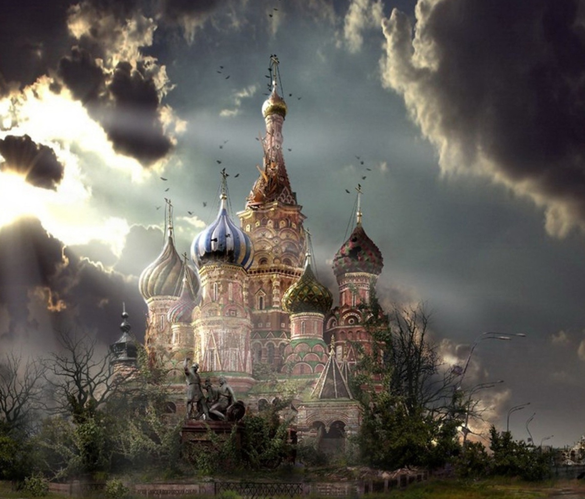 Обои St Basil's Cathedral Moscow Red Square Artistic Clouds 1200x1024