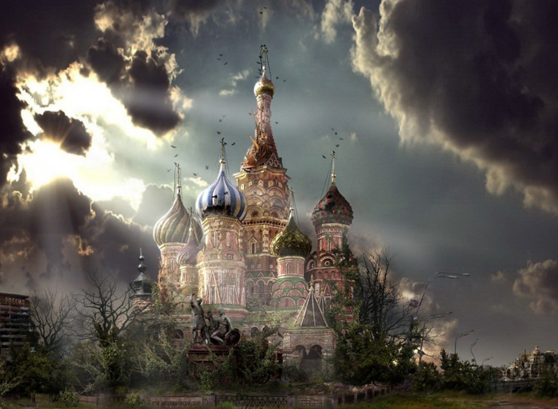 Обои St Basil's Cathedral Moscow Red Square Artistic Clouds 1920x1408