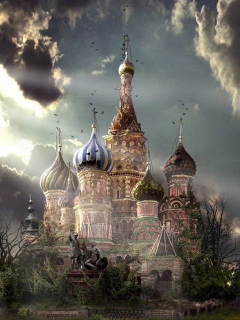 Das St Basil's Cathedral Moscow Red Square Artistic Clouds Wallpaper 480x640