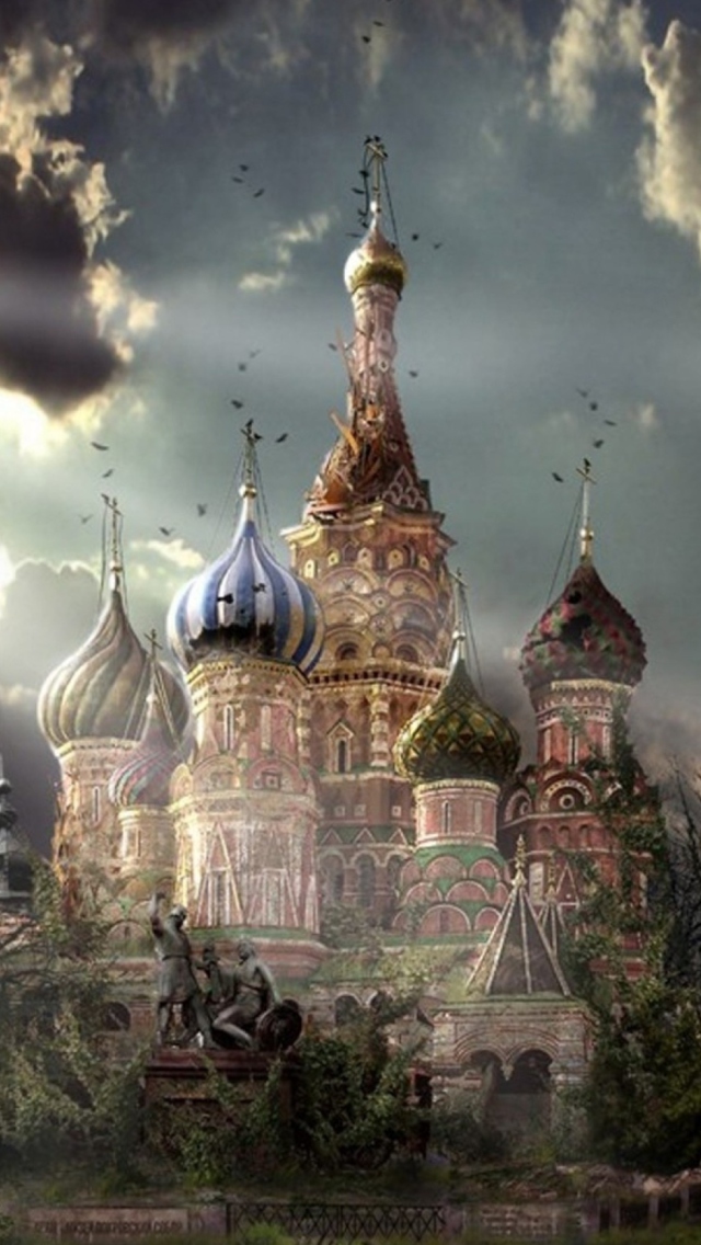 Обои St Basil's Cathedral Moscow Red Square Artistic Clouds 640x1136