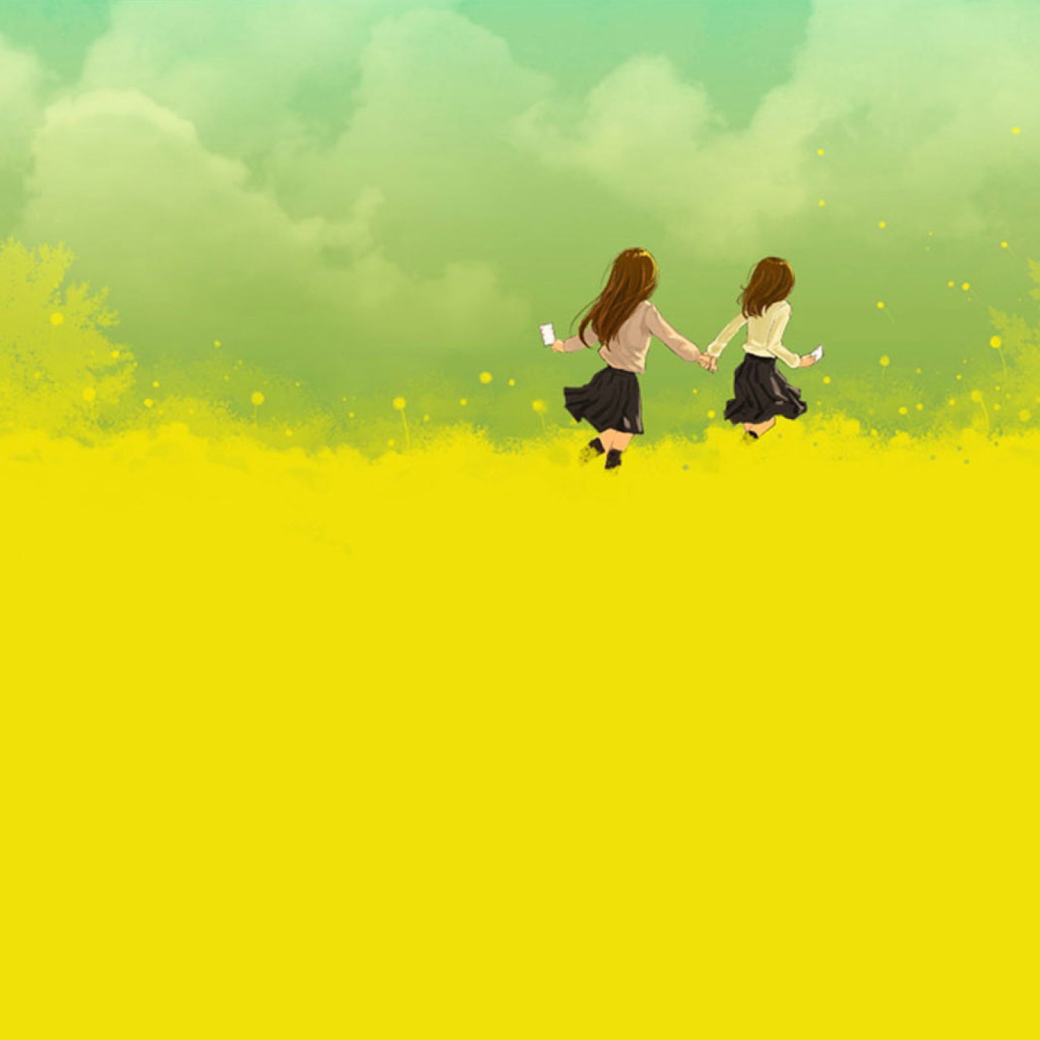 Girls Running In Yellow Field wallpaper 2048x2048