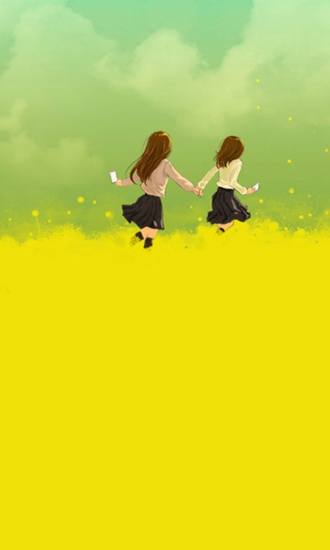 Girls Running In Yellow Field wallpaper 480x800