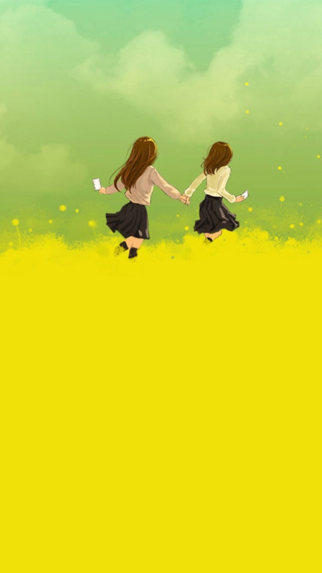 Fondo de pantalla Girls Running In Yellow Field 640x1136