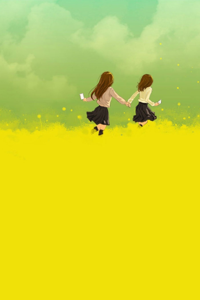 Girls Running In Yellow Field wallpaper 640x960