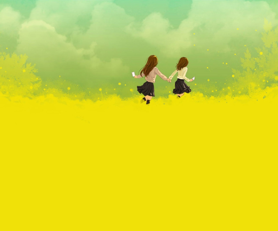 Girls Running In Yellow Field wallpaper 960x800