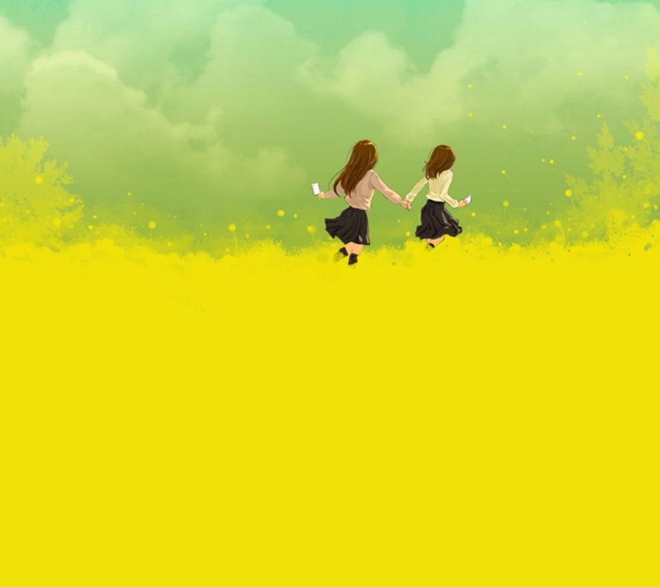 Girls Running In Yellow Field wallpaper 960x854
