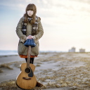 Asian Girl With Guitar Outside wallpaper 128x128