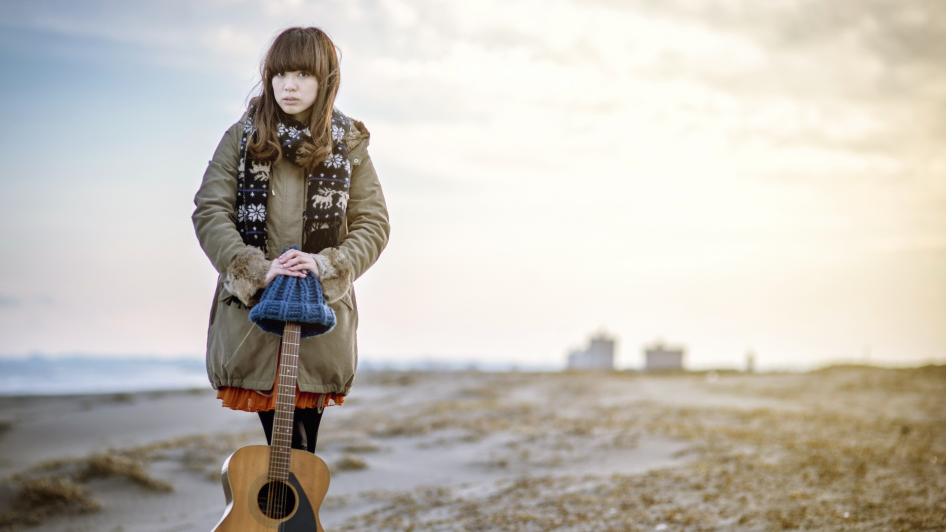 Asian Girl With Guitar Outside wallpaper 1920x1080