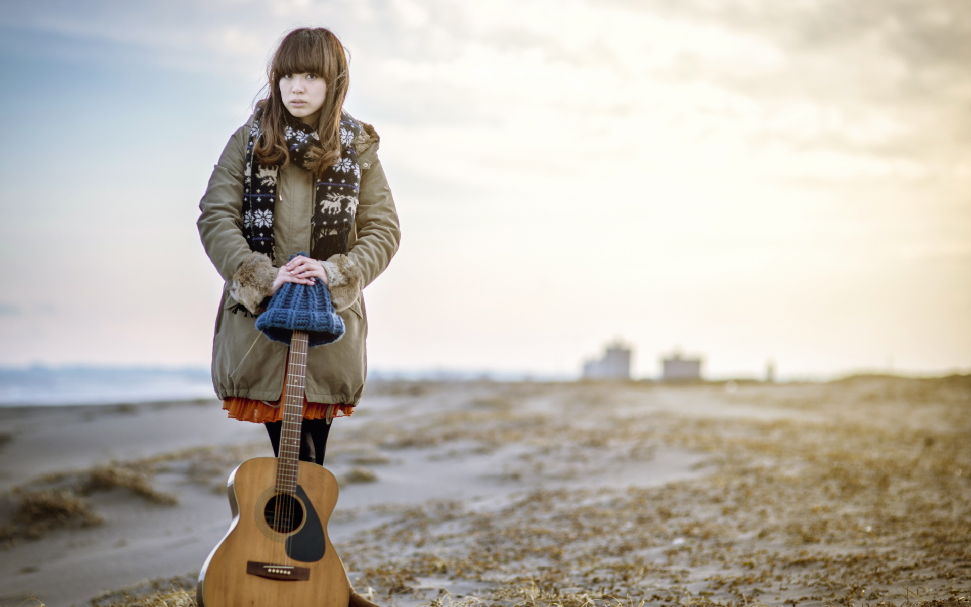 Asian Girl With Guitar Outside wallpaper 1920x1200