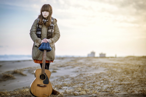 Asian Girl With Guitar Outside wallpaper 480x320