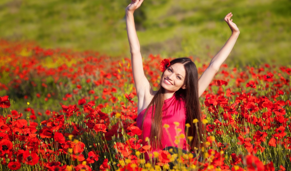 Happy Girl In Flower Field wallpaper 1024x600