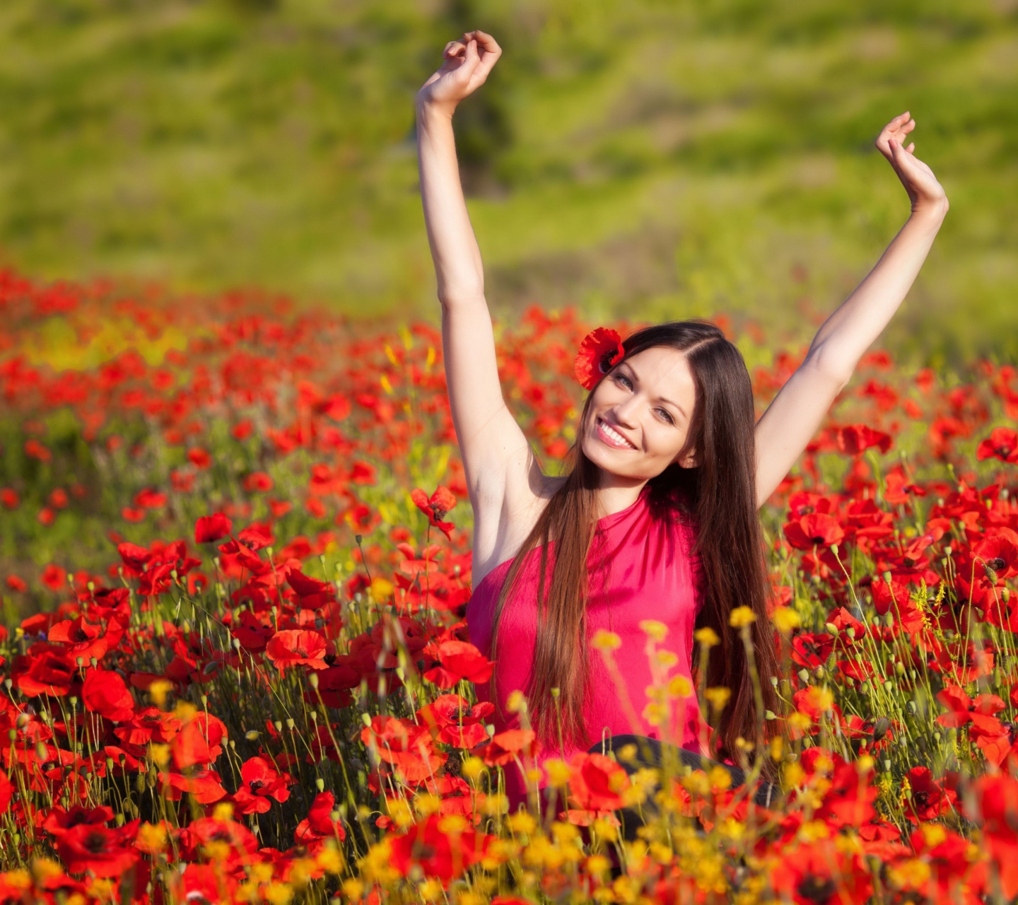 Das Happy Girl In Flower Field Wallpaper 1440x1280