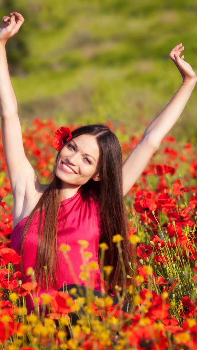 Happy Girl In Flower Field wallpaper 640x1136