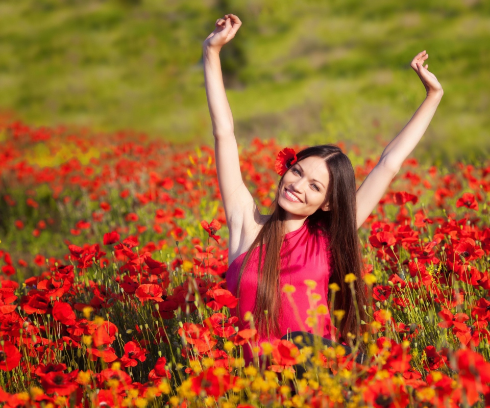 Happy Girl In Flower Field wallpaper 960x800