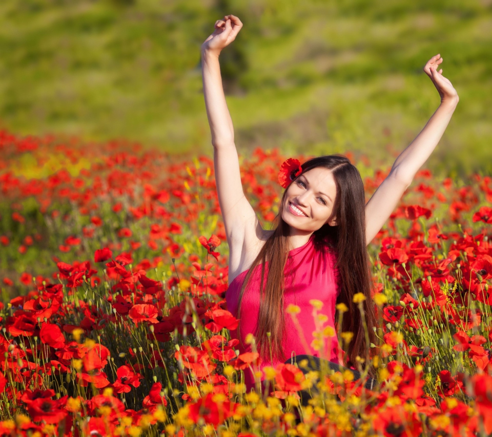 Happy Girl In Flower Field wallpaper 960x854