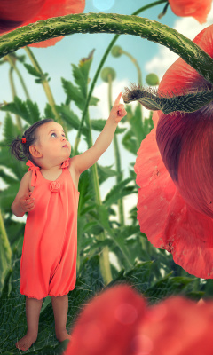 Little kid on poppy flower wallpaper 240x400