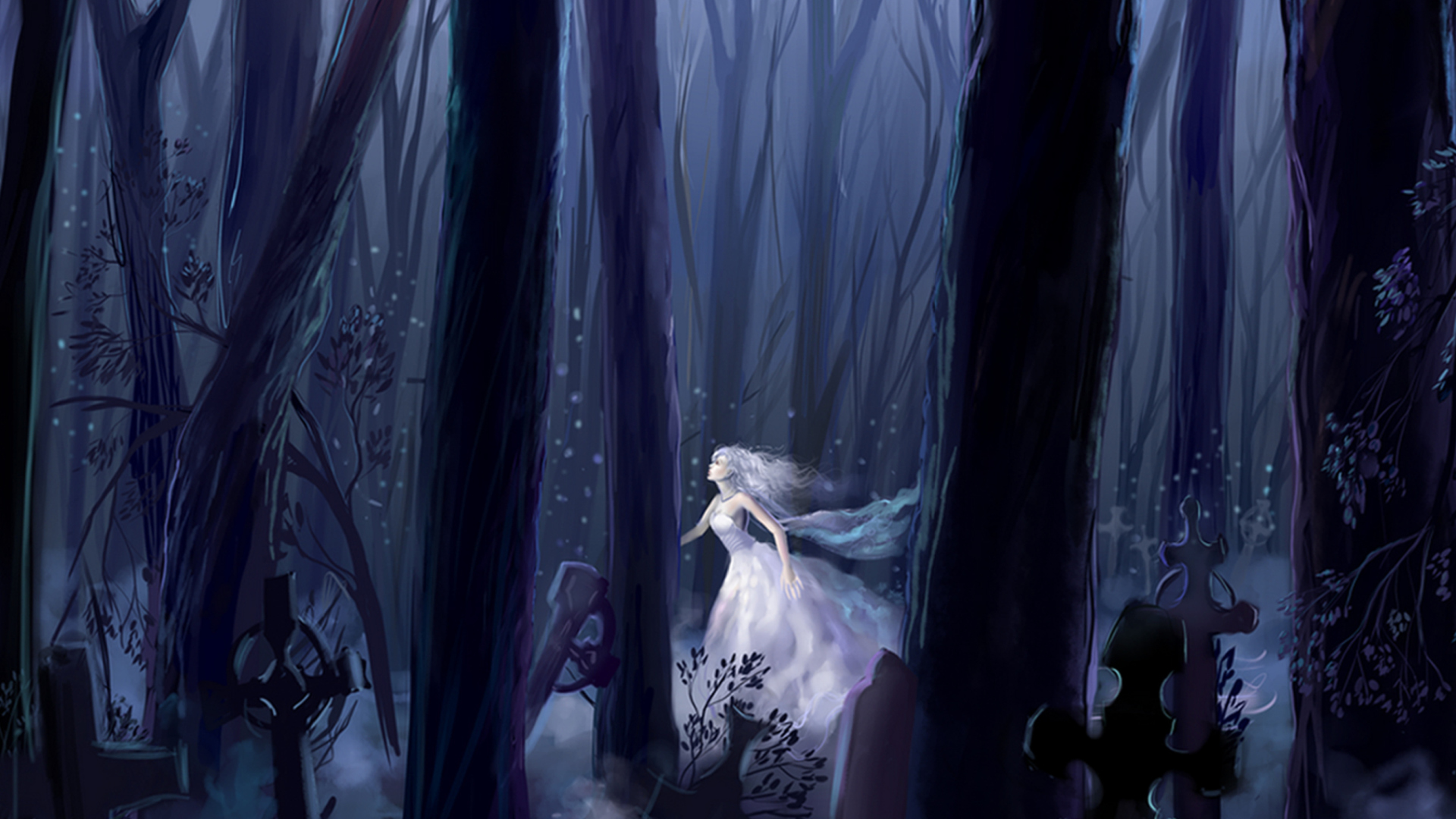 White Princess In Dark Forest wallpaper 1920x1080
