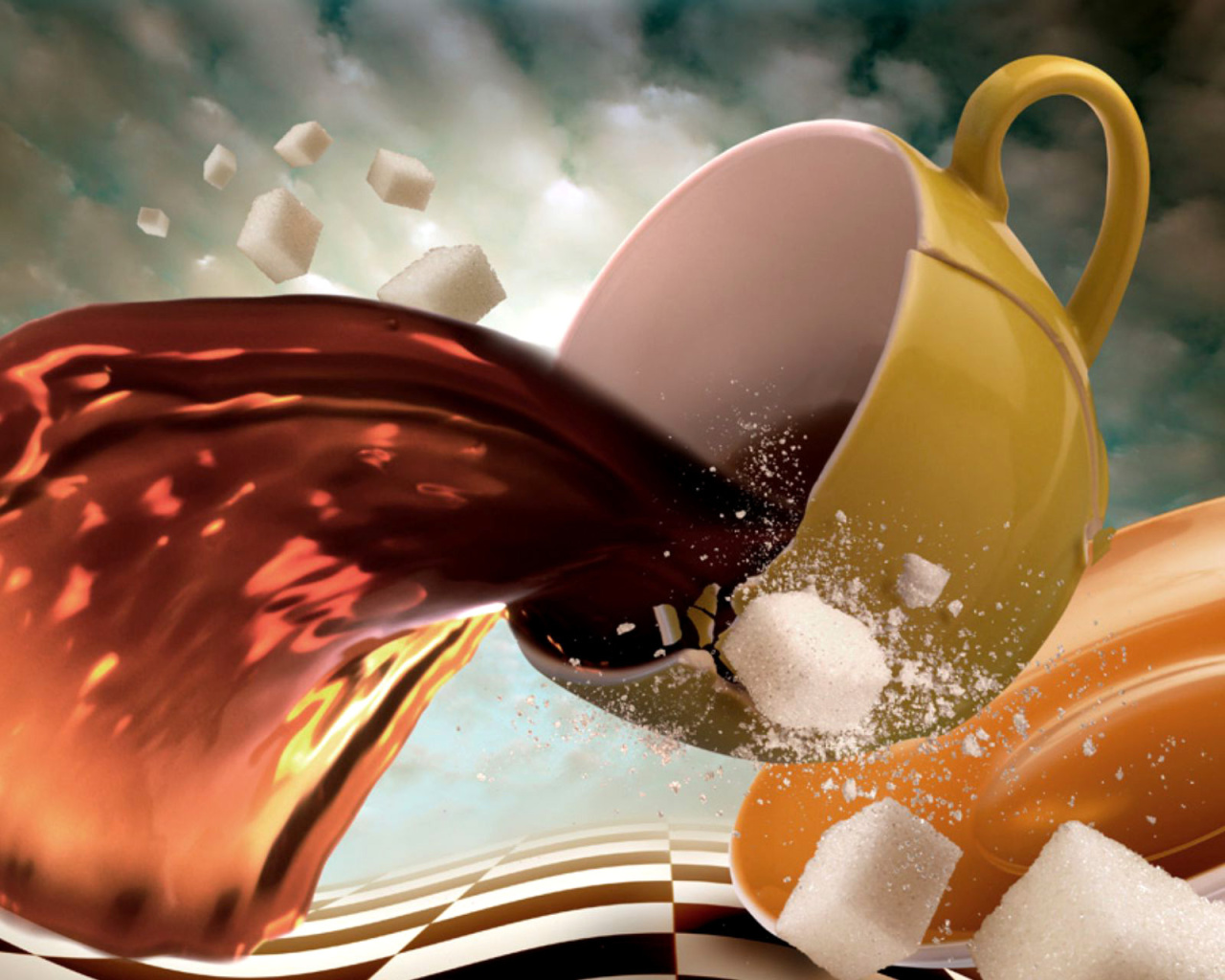 Das Surrealism Coffee Cup with Sugar cubes Wallpaper 1280x1024