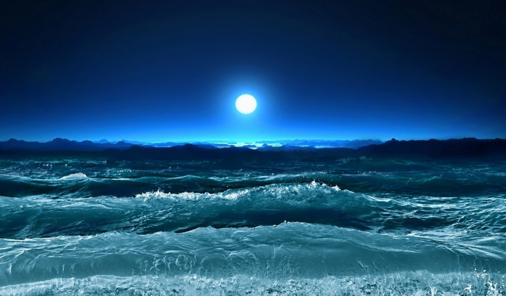 Ocean Waves Under Moon Light wallpaper 1024x600
