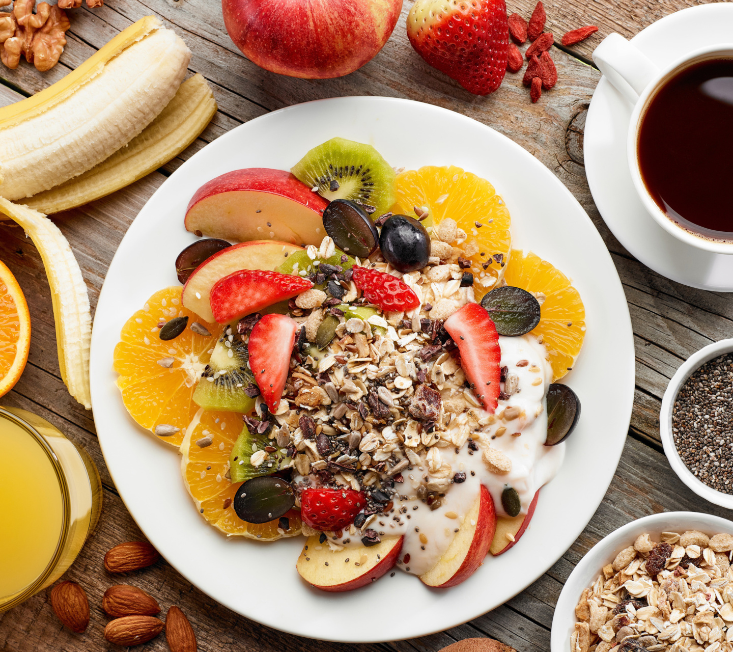 Breakfast, coffee, muesli wallpaper 1440x1280