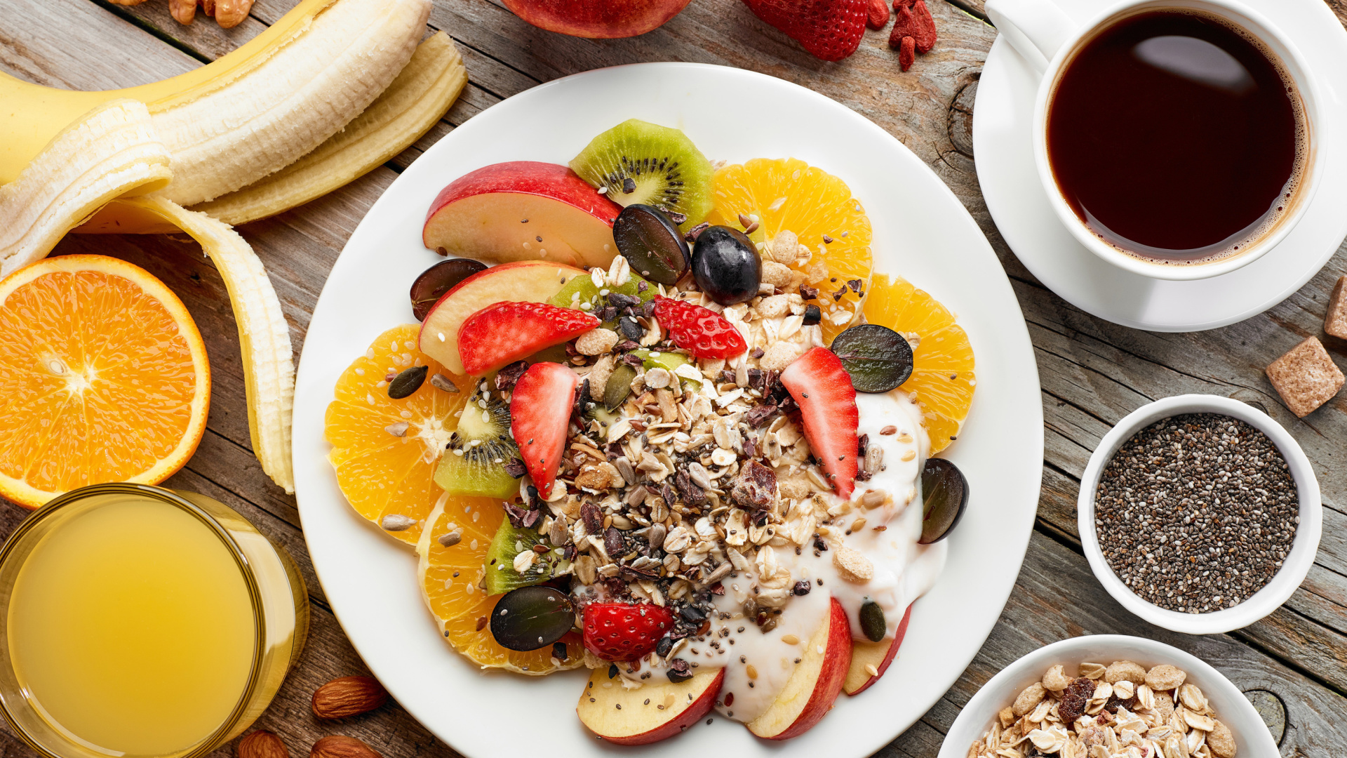 Das Breakfast, coffee, muesli Wallpaper 1920x1080