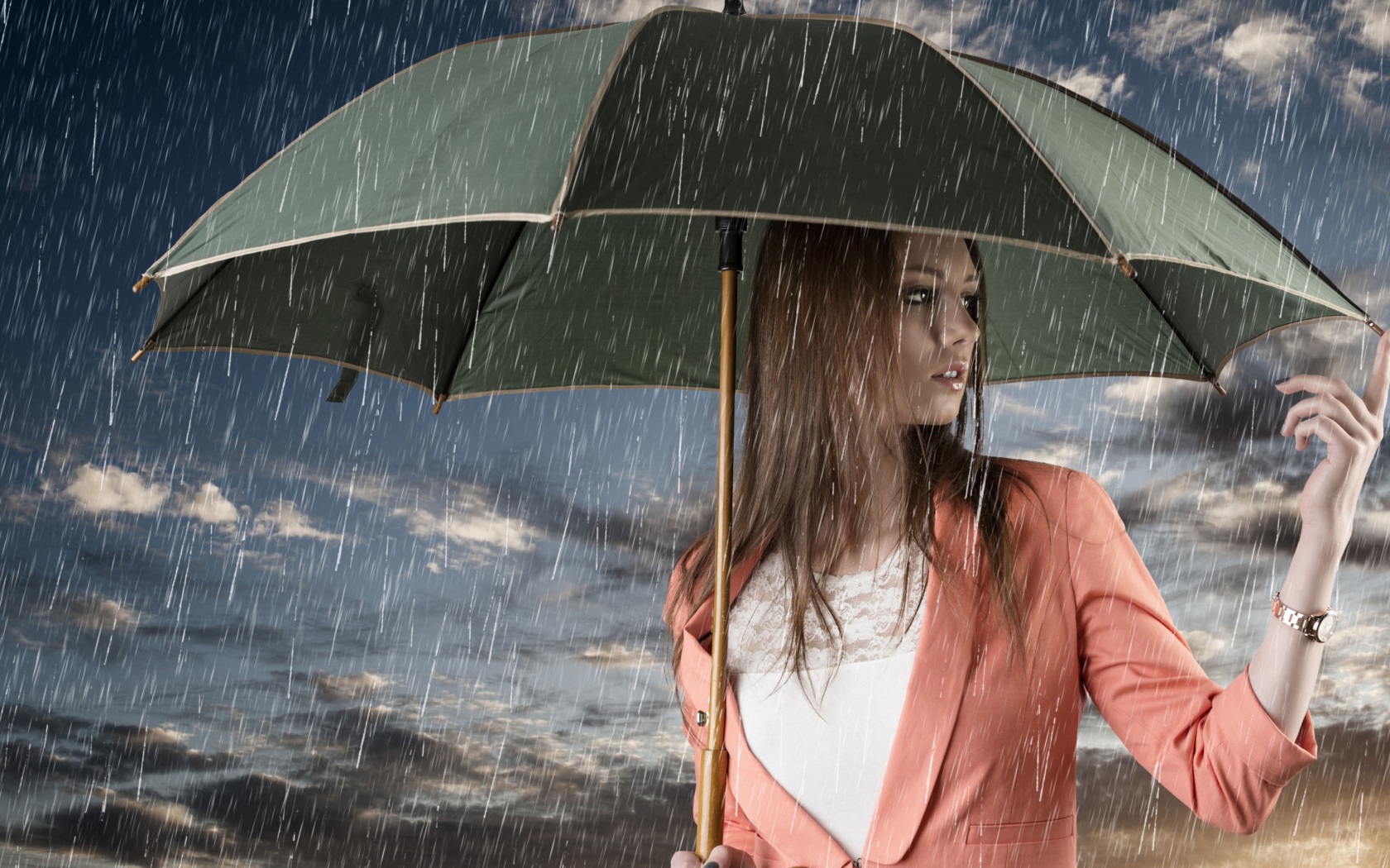 Sfondi Girl Under Umbrella In Rain 1680x1050