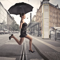 Sfondi City Girl With Black Umbrella 208x208