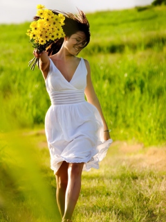 Обои Girl With Yellow Flowers In Field 240x320