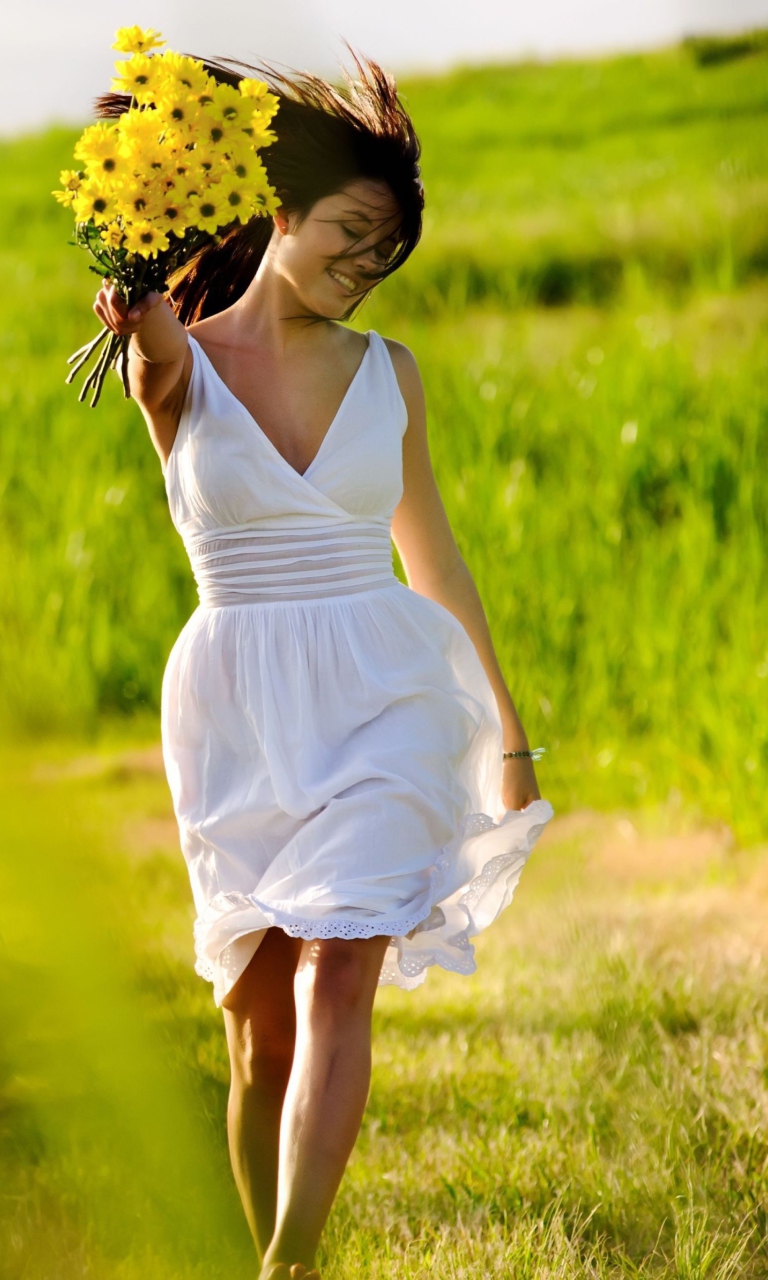 Das Girl With Yellow Flowers In Field Wallpaper 768x1280