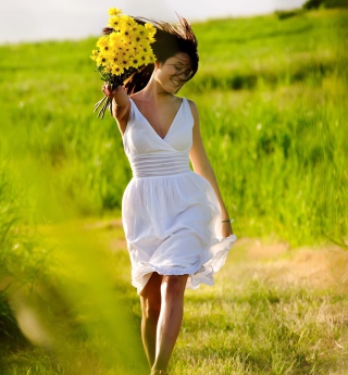 Girl With Yellow Flowers In Field papel de parede para celular para 2048x2048