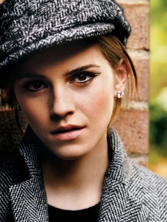 Emma Watson In Grey Cap And Coat wallpaper 240x320