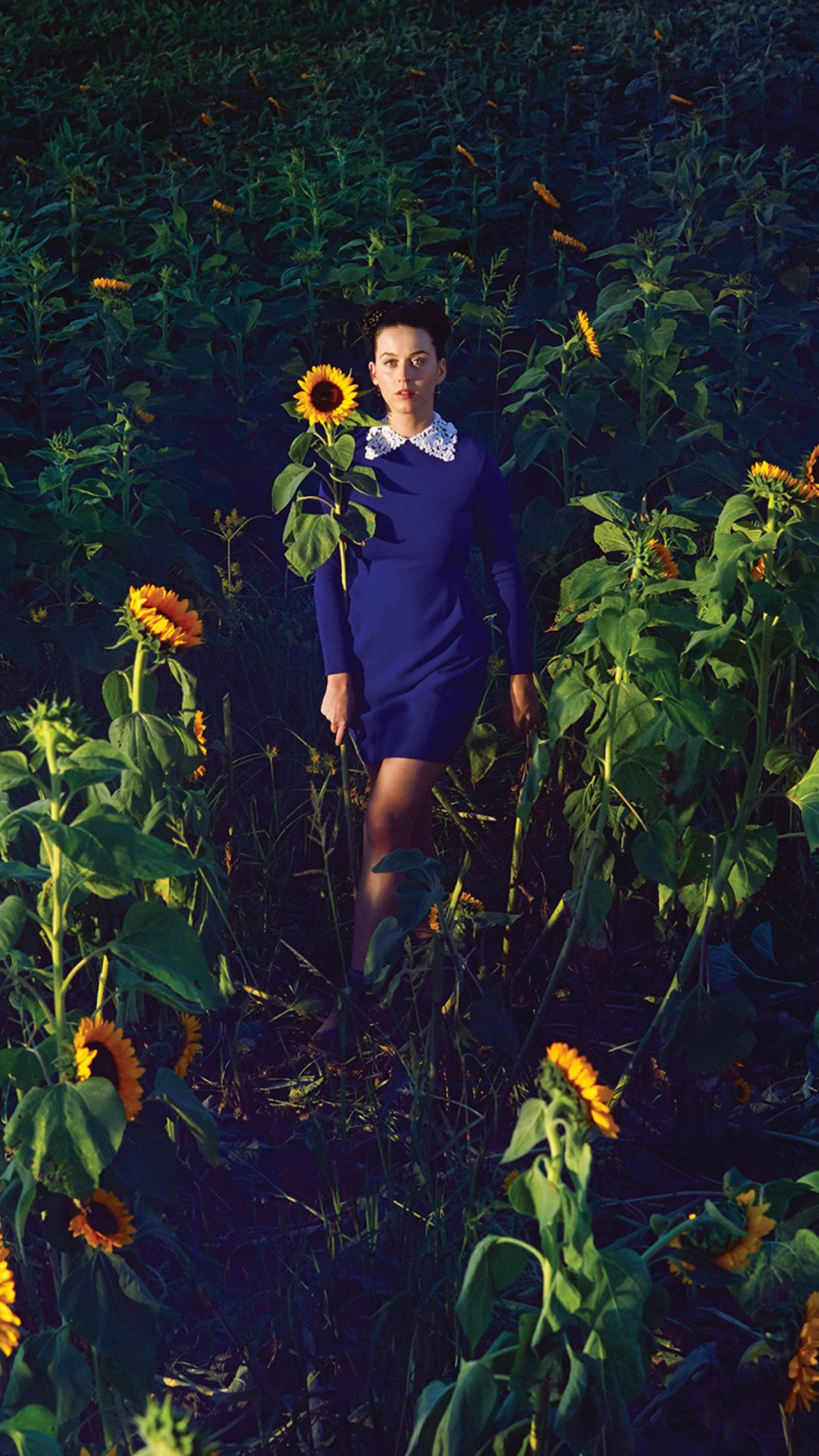 Sfondi Girl In Blue Dress In Sunflower Field 1080x1920