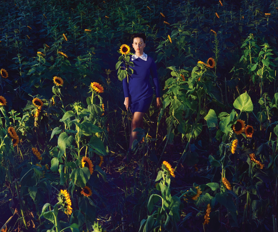 Sfondi Girl In Blue Dress In Sunflower Field 960x800