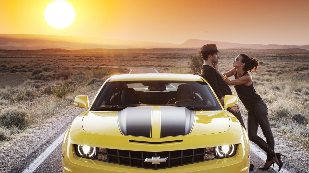 Couple And Yellow Chevrolet wallpaper 1280x720