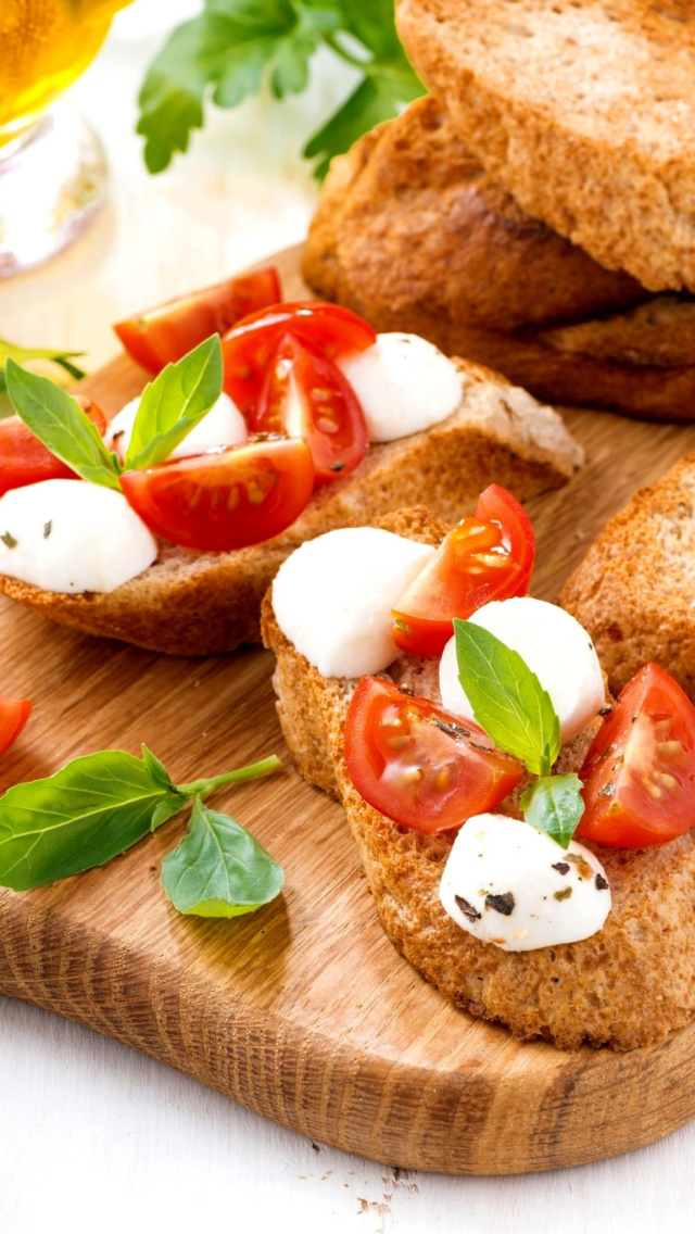 Canape Bruschetta, Mozzarella, Tomatoes wallpaper 640x1136