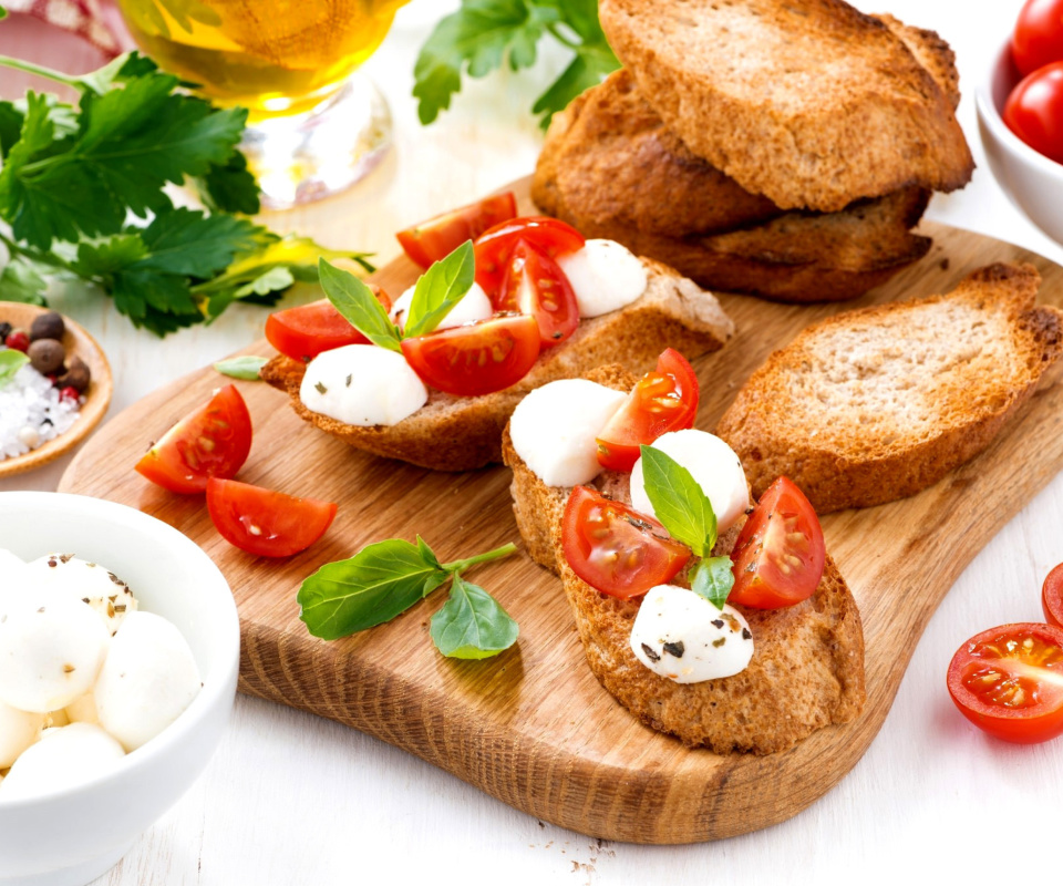 Fondo de pantalla Canape Bruschetta, Mozzarella, Tomatoes 960x800