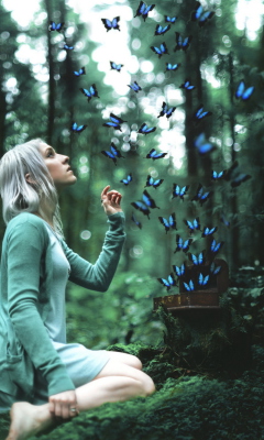 Sfondi Girl And Blue Butterflies 240x400