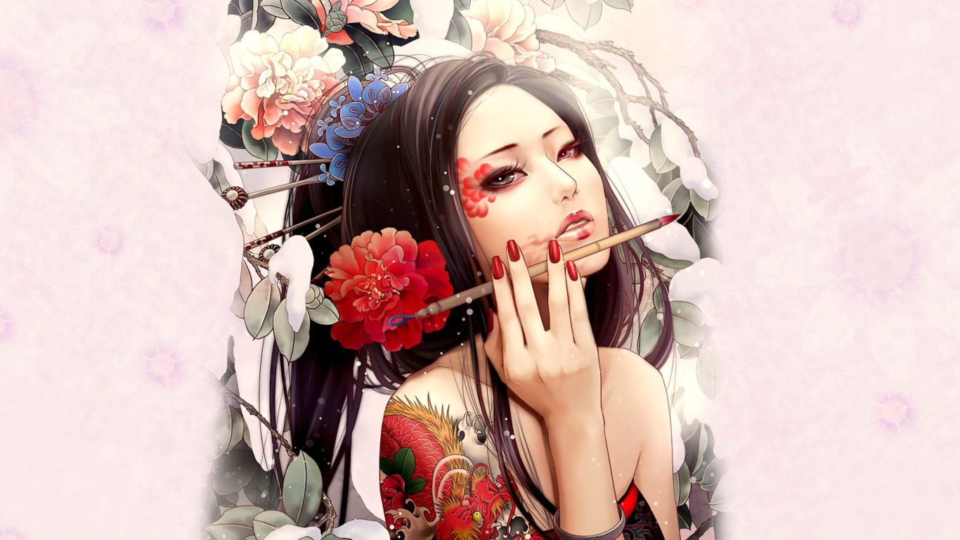 Das Geisha Painting Wallpaper 1366x768