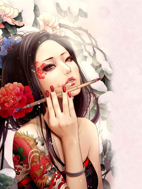 Geisha Painting wallpaper 480x640