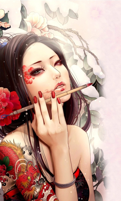 Das Geisha Painting Wallpaper 480x800