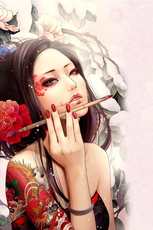 Das Geisha Painting Wallpaper 640x960