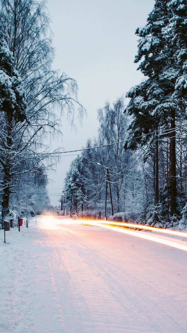 Snowy forest road wallpaper 640x1136